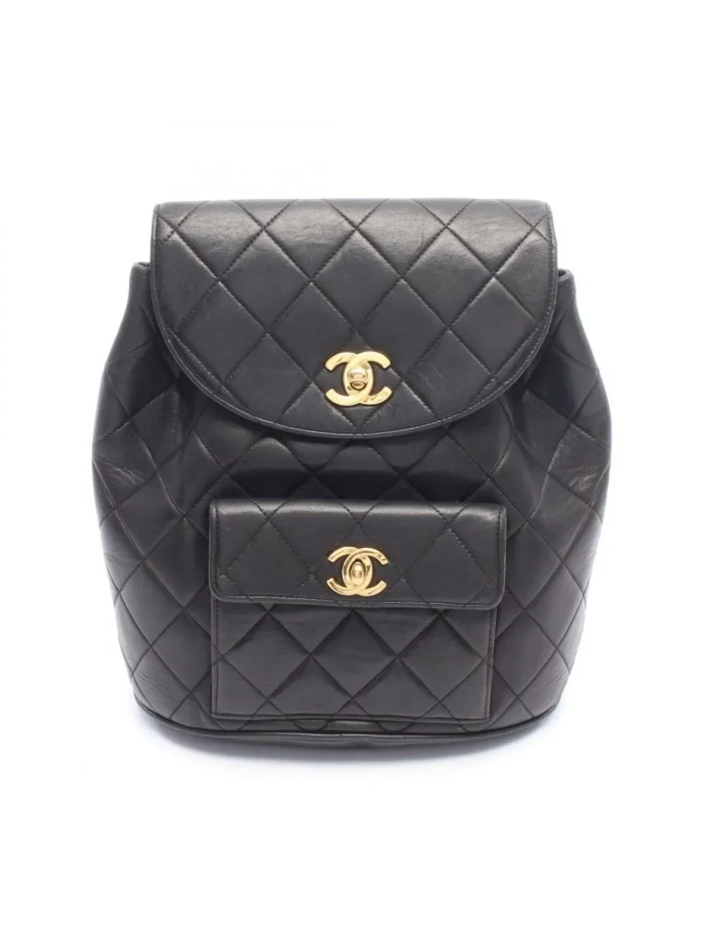 Chanel Backpack Quilted Turnlock Chain Black Lambskin Double